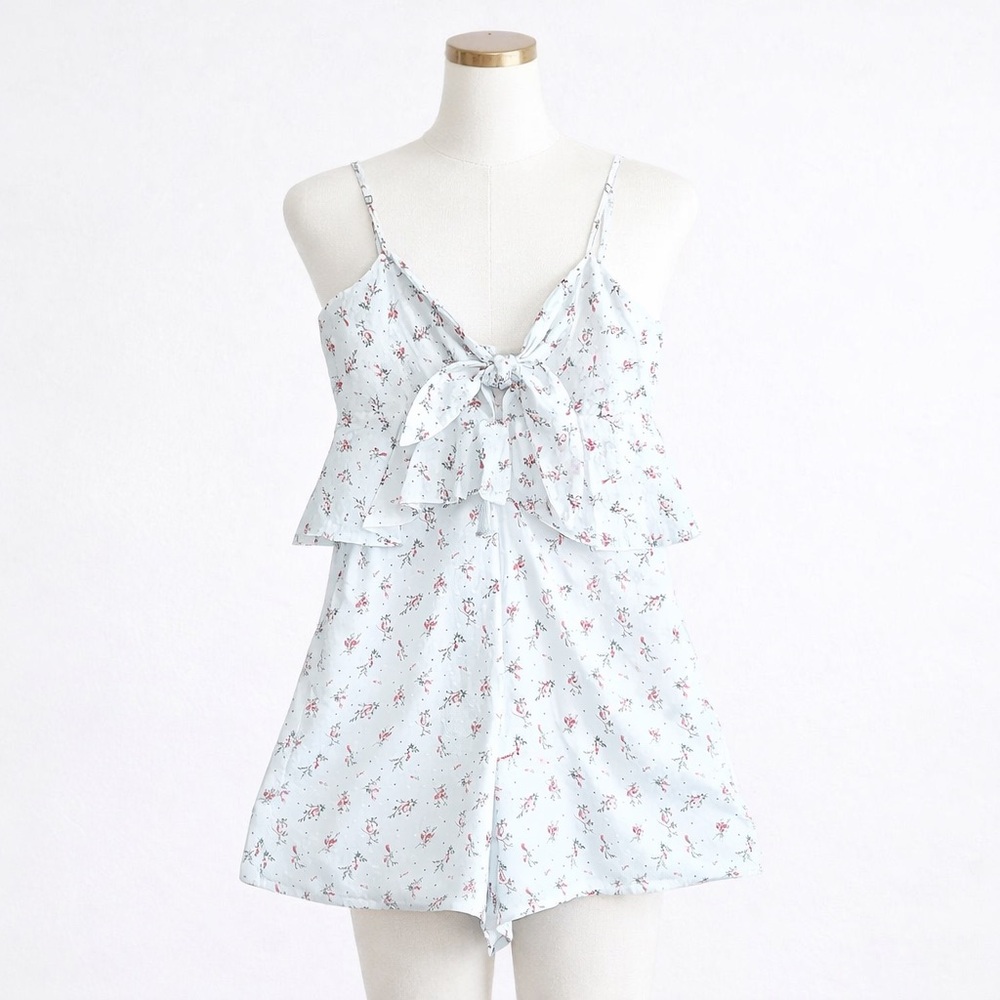 Franco White Floral Tie-Front Ruffled Romper Sz S
